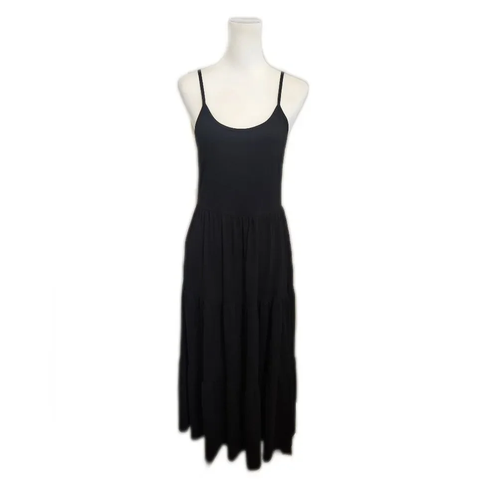 Black Tiered Maxi Dress, Spaghetti Straps, Stretchy, M